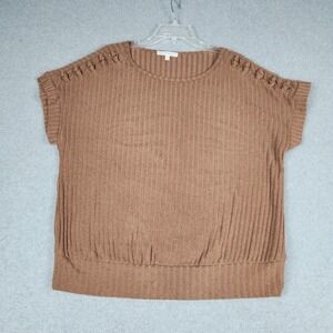 Ivy Ridge Knitted Top Womens XL Brown Ribbed Short Sleeve Shoulder Lattice